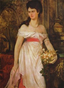 白いドレスに立っている女性の肖像画 作： Hans Makart